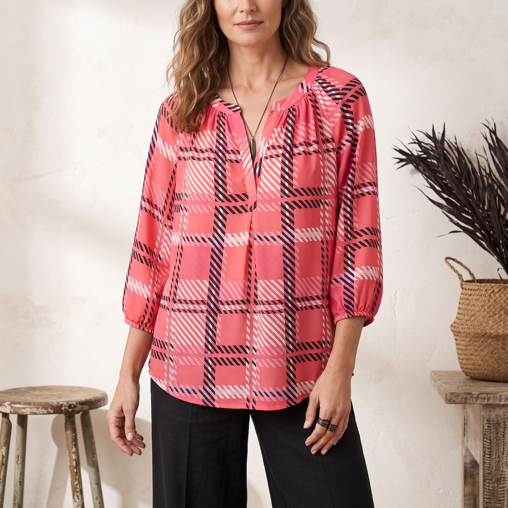 Crown Ivy Pink Plaid Split V Neck Peasant Top Boho Dopamine Y2K Feminine 0X XL